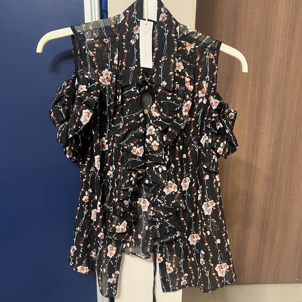 Anne Fontaine "Lacy" Floral Open Shoulder Blouse with Ruffles